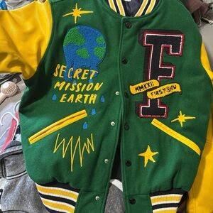 Fashion Nova Green & Yellow Embroidered Varsity Leather Jacket